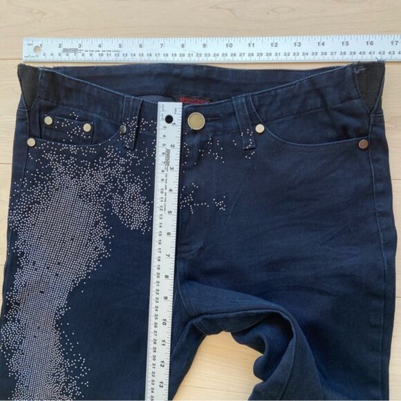 Simon Chang women black beaded jeans straight leg mid rise silver studs size 6 - Picture 13 of 14